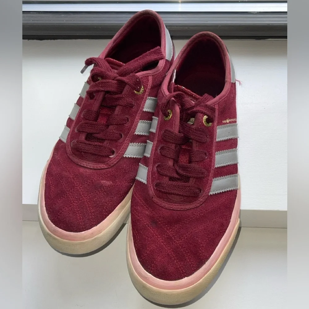 The Hundreds x Adidas “Striker” Skateboarding Sneakers in Burgundy and Gray
